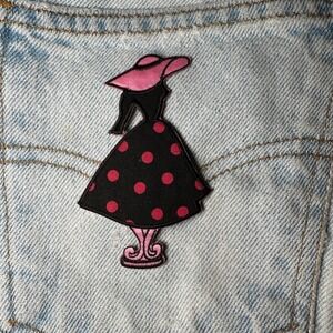 Black Polka Dot Dress Iron On Patch 50s Style Applique Embroidered DIY Craft